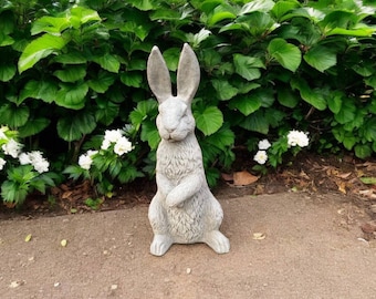 Può includere: Una statua di coniglio in cemento grigio con orecchie lunghe, seduta in posizione eretta con le zampe incrociate. La statua si trova in un giardino con vegetazione verde e fiori bianchi.