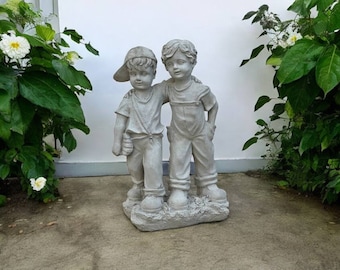 Cement boys figurine, Concrete kids pair with baseball statue, Outdoor two child figure, Garden children memorial sculpture, Yard gift idea
