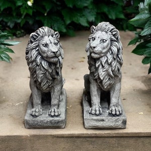 Concrete lions pair statue, Outdoor animals sculpture, Garden lions stone figure, Two massive lions, Front door decoration, Lion gift