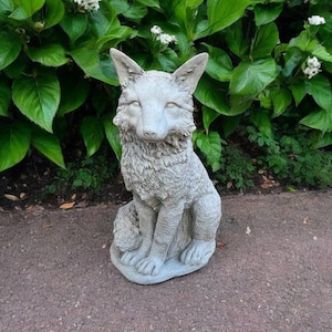 Sitting wild fox sculpture, Forest animal on base large statue, Realistic garden ornament, Stone lawn decoration, Cement backyard fox figure