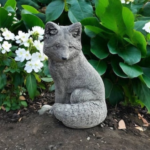 Concrete sitting fox statue, Cement forest animal on base figurine, Detailed yard decoration, Stone fox figure, Lawn Sculpture, Patio art