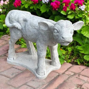 Stone calf on base, Concrete animal figurine, Cow statue, Animal home decor, Outdoor calf figure, Farm animal sculpture, Lawn ornament