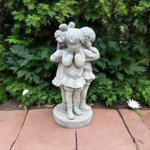 Standing kids sculpture, Lawn cement children figurine, Yard three child statue, Concrete garden decor, Backyard or patio ornament figure