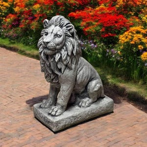 Concrete sitting lion, Outdoor animal sculpture, Painted lion figurine, Yard animal figure, Lion home decor, Garden ornament, Lion on base