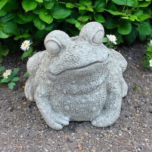 May include: A gray concrete frog statue with a textured surface. The frog is sitting on a bed of gravel.