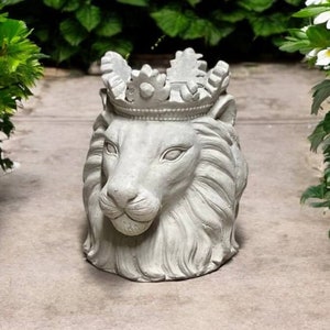 Peut inclure: Un pot de fleurs en béton gris en forme de tête de lion avec une couronne sur le dessus. Le pot est posé sur une surface en béton gris.