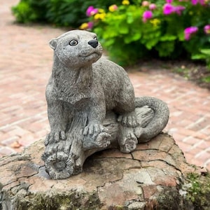 Concrete otter decoration, Wild animal figure, Otter on log, Animal sculpture, Forest animal decor, Otter figurine, Garden ornament