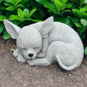 Pose d&#39;une statue de chien chihuahua, décoration extérieure de figurine de chien en ciment, figurine de pierre tombale pour animal de compagnie, sculpture commémorative de chihuahua en béton
