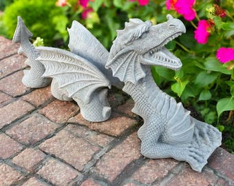 Stone dragon statue, Three peace dragon, Outdoor dragon sculpture, Lawn decoration, Fantasy animal figure, Yard ornament, Backyard art