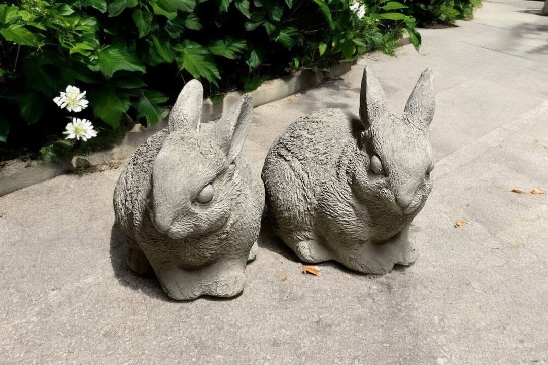 Sitting Two Rabbits Figure, Backyard Wild Bunnies Statue Concrete Pair ...