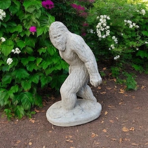 Standing bigfoot statue, Garden snowman on base sculpture, Stone lawn yeti ornament, Concrete outdoor figure for gift, Yard winter man decor