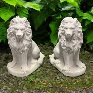 Stone lions pair figurine, Concrete massive animals sculpture, Entrance wild lions statue, Solid yard ornament, Lawn guardian lions figure