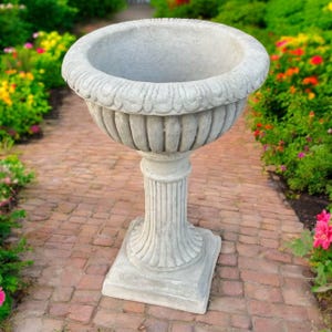 May include: A gray, ornate, pedestal planter with a wide, scalloped rim. The planter has a fluted column base and a square bottom. It is made of a stone-like material and is set on a brick pathway, surrounded by greenery and flowers.