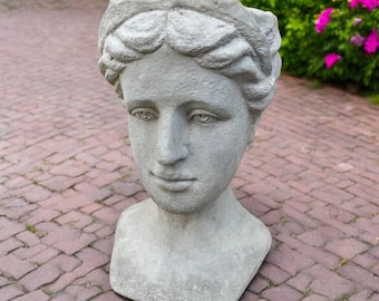 Woman bust planter statue, Garden plant pot decor, Yard flowers pot ornament, Concrete woman planter idea, Stone plant pot sculpture