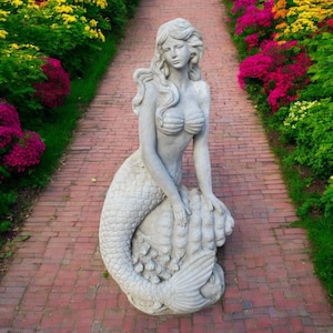 Lawn mermaid statue, Garden sea sculpture, Mermaid on shell, Concrete marine ornament, Stone mermaid art, Sea fantastic idea, Mermaid decor