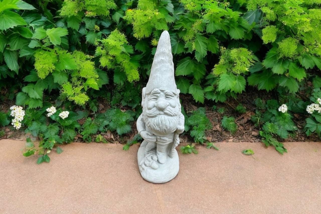 Standing hiker gnome sculpture, Outdoor cement gnome figure, Concrete troll with basket statue, Stone lawn decoration figurine, Gift Idea