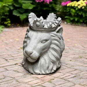 Lion head statue, Garden animal decor, Concrete planter ornament, Stone plant pot idea, Outside lion planter, Yard animal plant pot