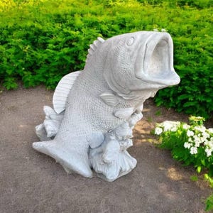 Cement fish with open mouth figure, Detailed fish on base sculpture, Garden water fish statue, Stone ocean animal, Concrete fish figurine