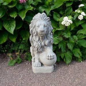 Massive sitting lion statue, Concrete lion figure, Large lion figurine, Garden stone sculpture, Outdoor wild lion statuary, Lion with ball