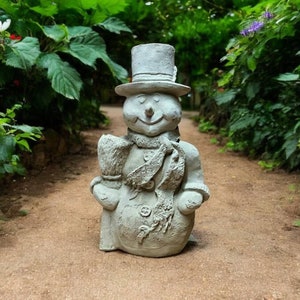Winter snowman figure, Standing outdoor winter man sculpture, Concrete statue for backyard or garden decoration, Yard winter style gift