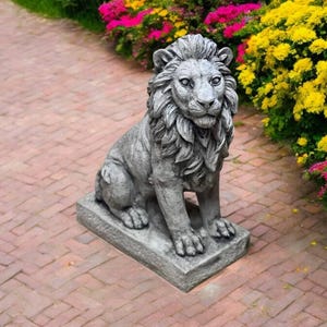 Painted lion figurine, Concrete lion on base, Outside garden decoration, Lion lover gift, African animal art, Sitting lion statue