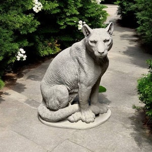 Mountain lion on base sculpture, Massive sitting cougar art statue, Wild animal figure for backyard or patio decoration, Large puma ornament