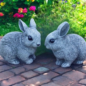 Concrete rabbits statue, Lawn animals decoration, Bunny stone art, Animals garden idea, Stone rabbit gift, Yard bunny sculpture