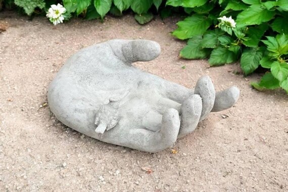 Stone hand bird feeder statue, Patio bird bath figure, Concrete lawn sculpture, Outdoor figurine for decoration, Yard art ornament Gift Idea