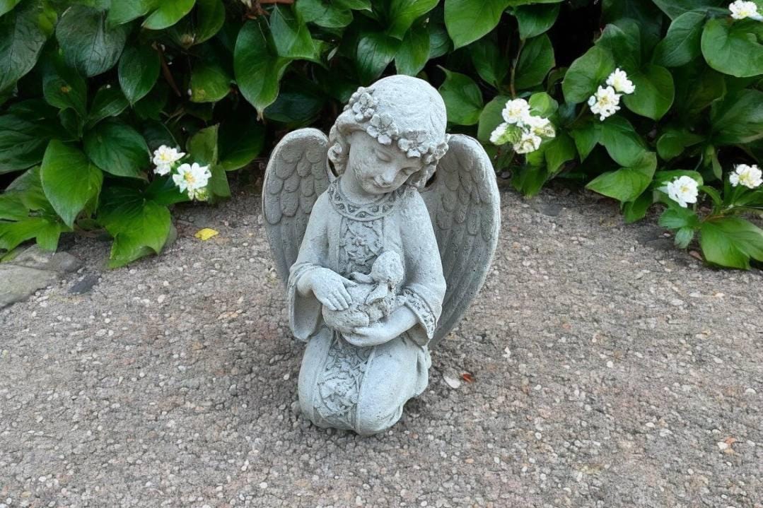 Angel Holding Rabbit Angel Holding Bunny Sculpture, Concrete Girl With Rabbit Statue ...