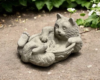 Concrete cat bowl sculpture, Detailed stone bird bath statue, Pet memorial bowl figurine, Stone water drinker figure, Garden art decoration