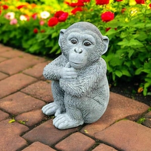 Chimpanzee stone figure, Yard animal ornament, Stone monkey decoration, Lawn animal statue, Garden chimpanzee art, Home monkey idea