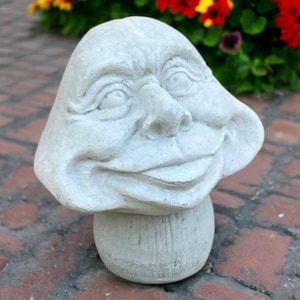 Toadstool garden sculpture, Stone nature ornament, Lawn mushroom art, Face toadstool statue, Outdoor mushroom decor, Yard toadstool idea