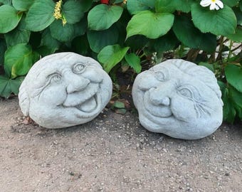 Grandma and grandpa faces sculpture, Garden two faces statue, Outdoor cement figure, Backyard faces figurine, Lawn gift ornaments, Yard art