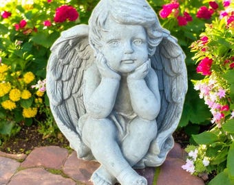 Cherub sculpture, Concrete angel boy, Stone angel statue, Memorial decor, Garden angel, Sitting cherub figure, Outdoor angel art