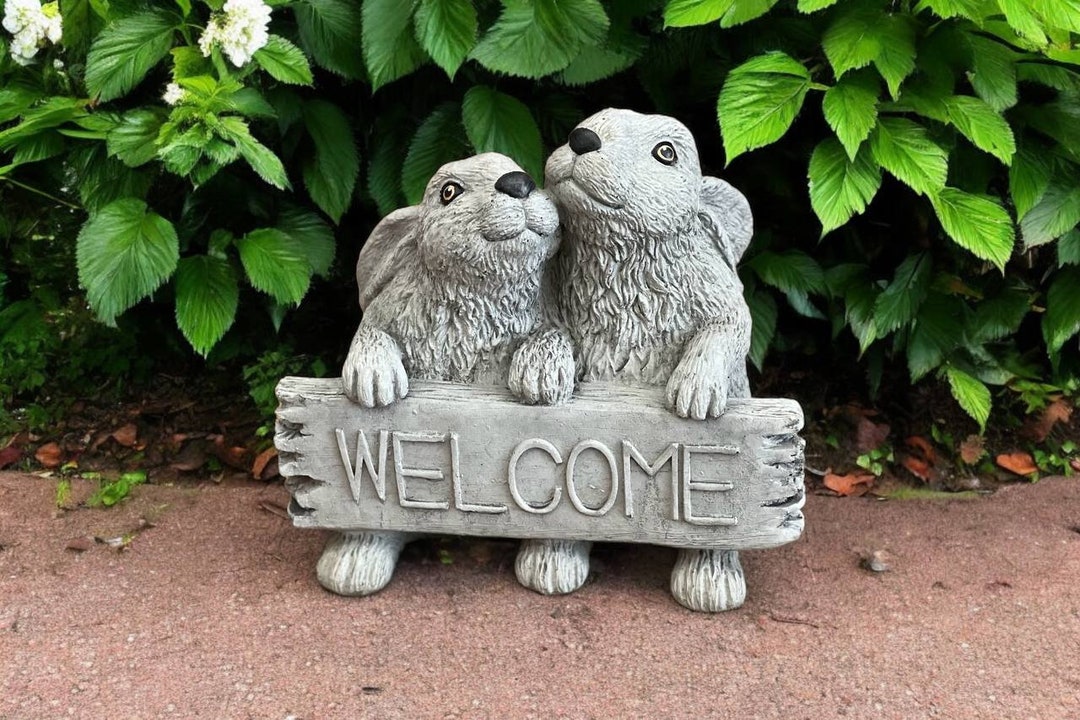 Yard Welcome Rabbits Statue, Stone Easter Animals Figure, Concrete Pair ...