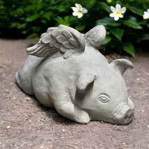 Laying piglet figure, Garden farm pig statue, Concrete yard pig with wings sculpture, Indoor farm animal  ornament, Stone When pigs fly art