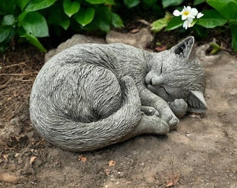 Concrete laying cat on side figurine, Cement sleeping kitten statue, Backyard cat memorial sculpture, Pet grave marker figure, Gift idea