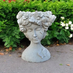 Flowers planter head with roses statue, Garden woman face planter figure, Yard stone flowers pot sculpture, Gift idea for plants lovers