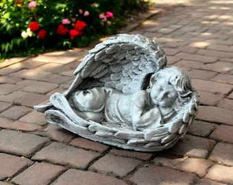 Baby angel sculpture, Garden religious art, Stone cherub decoration, Laying angel ornament, Cherub yard idea, Religious concrete statue