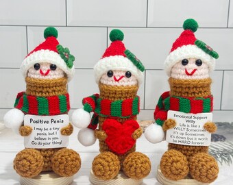 Rolig virkad penisplagg, julmössa och halsduk, emotionellt stöd, positiv penis, rolig vuxenpresent, julklapp, alla hjärtans dag-present