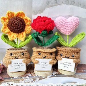 May include: Three crocheted potted plants with happy faces holding signs that say "Thank you for helping me grow". The plants are a sunflower, a red rose, and a pink heart.