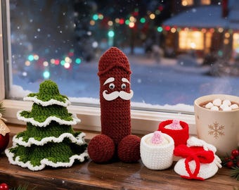 Quirky Crochet Christmas Tree Ornament Set,Funny Adult Xmas Gag Gift,White Elephant & Secret Santa Present, Handmade Amigurumi Table Decor
