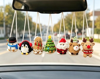Handmade Crochet Christmas Car Charm,Rear View Mirror Hanging Ornament,Santa Reindeer Snowman Penguin Gingerbread Man Tree,Christmas Gift