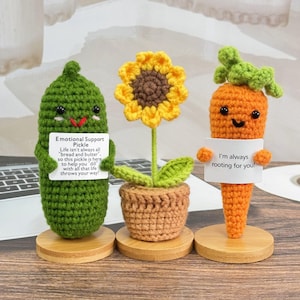 Cute Handmade Crochet Emotional Support Pickle,Crochet Sunflower with Carrot,Support Gift,Gift for Colleague,Friends,Funny Office Desk Decor