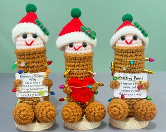 Rolig virkad penis med julhatt och ljussnören, emotionellt stöd Willy, positiv penis, vuxenpresent, julklapp, alla hjärtans dag-present