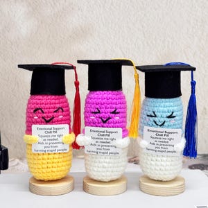 Può includere: Tre figurine all'uncinetto fatte a mano "Emotional Support Chill Pill". Ogni pillola è sormontata da un cappello di laurea nero e un nappa. Le pillole sono rosa, viola e blu, con un'etichetta bianca che dice "Squeeze me tight as needed. Aids in preventing you from harming stupid people."