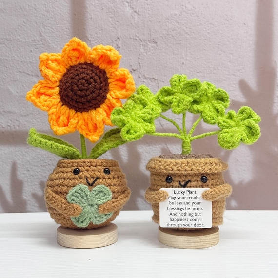 Lucky hkeln vierblttriges Kleeblatt und hkeln Sonnenblume, Glck  Pflanzen Dekor, Muttertagsgeschenk fr sie, Blumen Geschenke, Glck  Geschenke, Glck & Liebe - Etsy.de