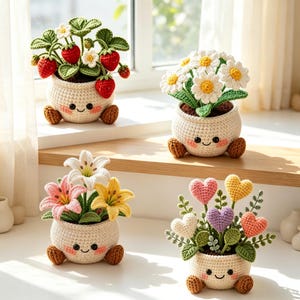 May include: Four crocheted potted plants with smiling faces. One features red strawberries and white flowers, one has white daisies with yellow centres, one displays pink, white, and yellow lilies, and one shows colourful heart-shaped flowers.