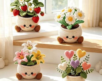 Handmade Crochet Amigurumi Potted Plant,Cute Smile Face Little Feet Pot,Knitted Daisy Lily Tulip Rose,Cozy Home Decor,Christmas gift for her