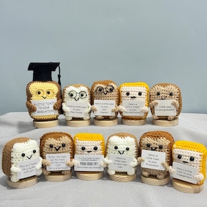 Könnte beinhalten: Eine Sammlung von gehäkelten Toast-förmigen Figuren, die jeweils ein kleines Schild mit Glückwunschbotschaften halten. Die Toast-Charaktere haben verschiedene Designs, darunter Abschlusskappen und eulenartige Merkmale. Die Schilder tragen Sätze wie "You Did It!" und "Happy 18th Birthday!"